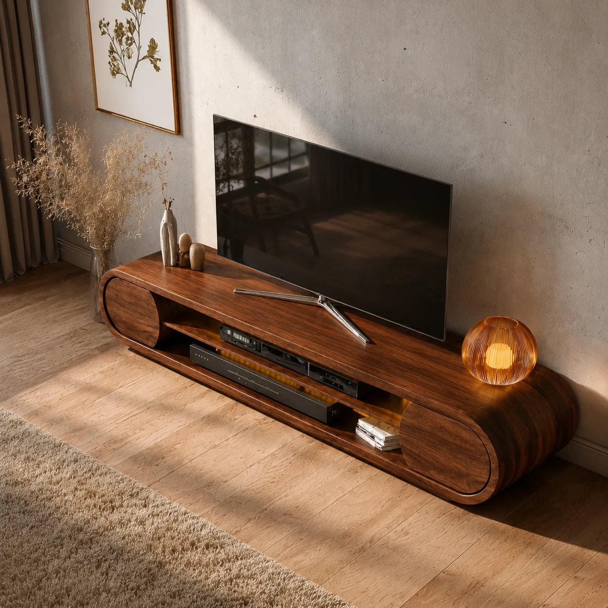 Rounded Modern TV Stand with Open Media Storage and Ambient Lighting