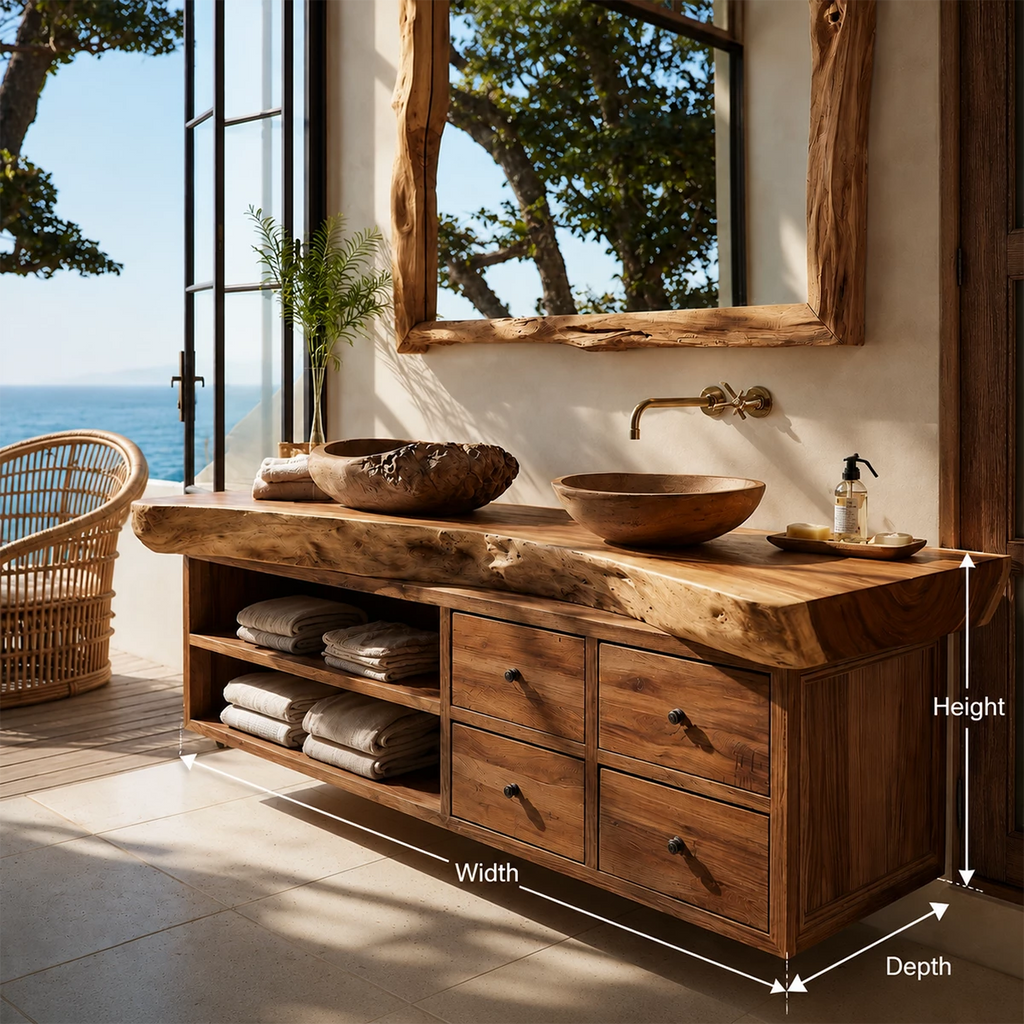 Live Edge Double Sink Bathroom Vanity With Solid Wood Storage & Mirror