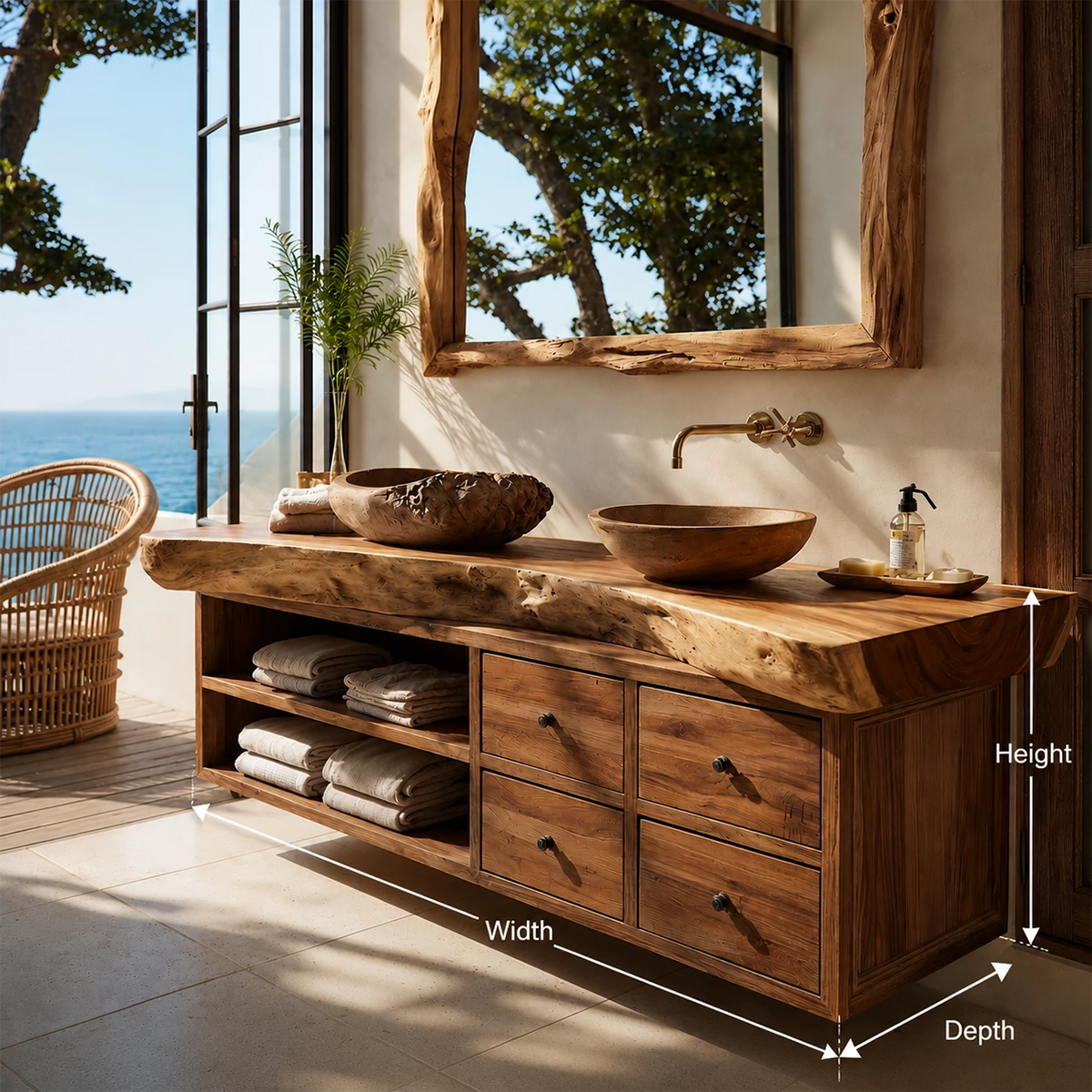 Live Edge Double Sink Bathroom Vanity With Solid Wood Storage & Mirror