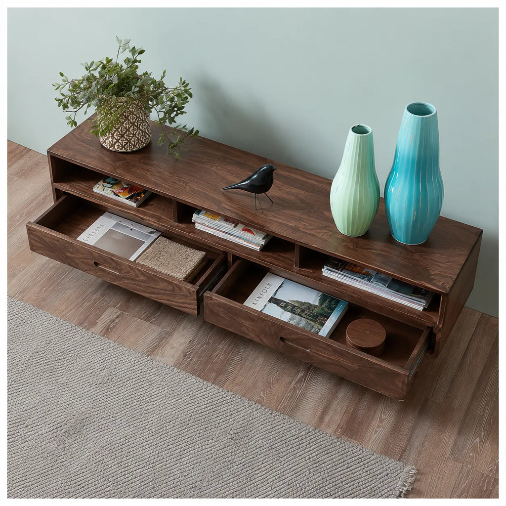 Mid Century Natural Solid Wood TV Stand with Open Shelf Storage