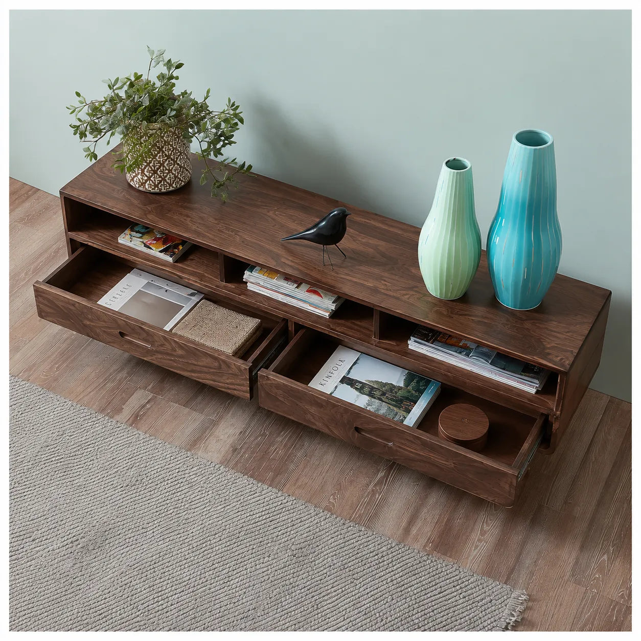Mid Century Natural Solid Wood TV Stand with Open Shelf Storage