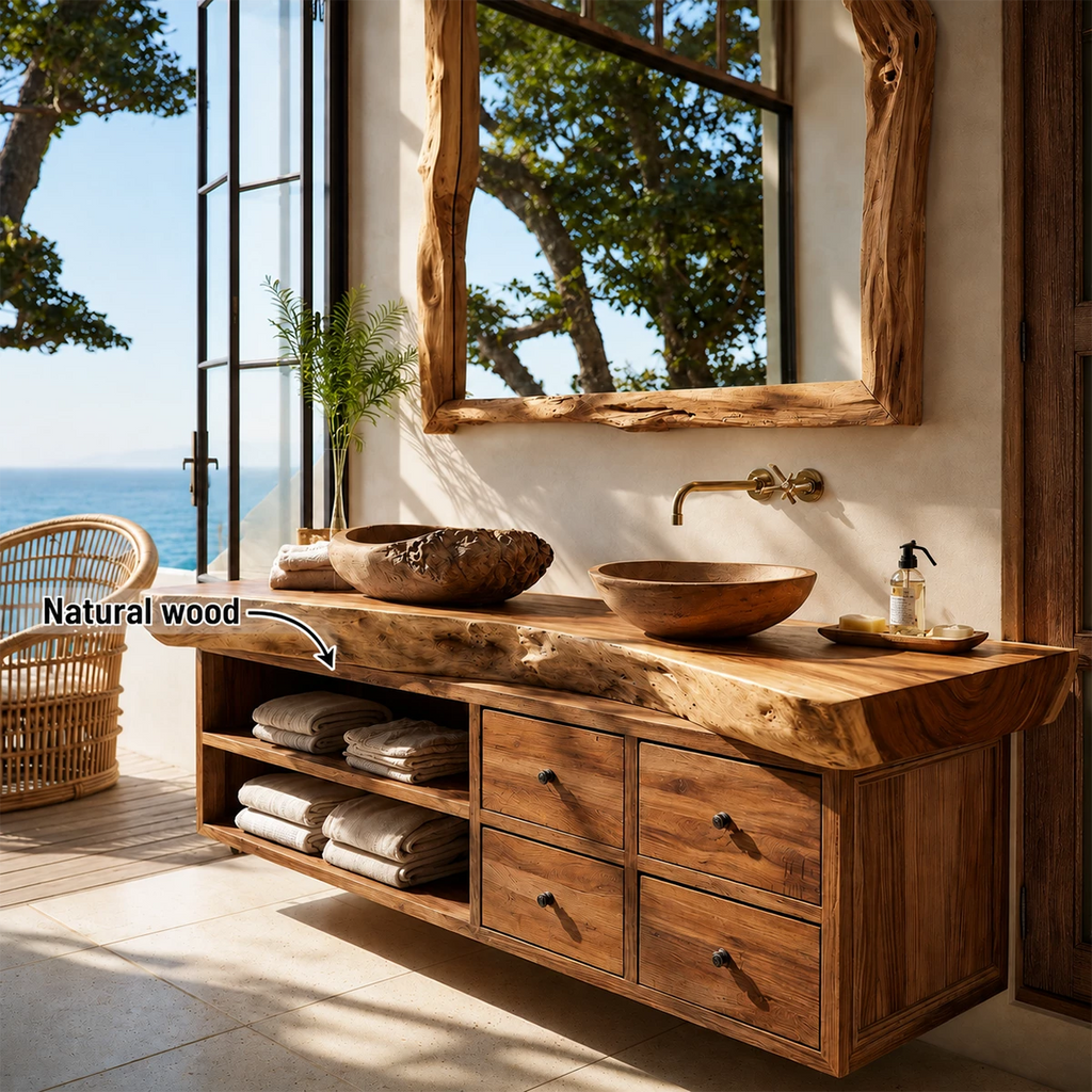 Live Edge Double Sink Bathroom Vanity With Solid Wood Storage & Mirror