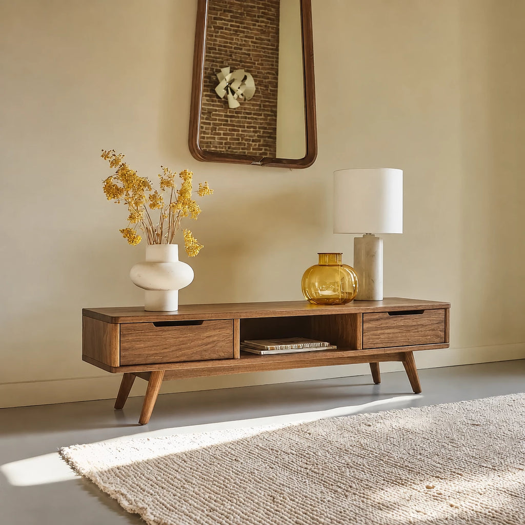 Mid Century Natural Solid Wood TV Stand with Open Shelf Storage