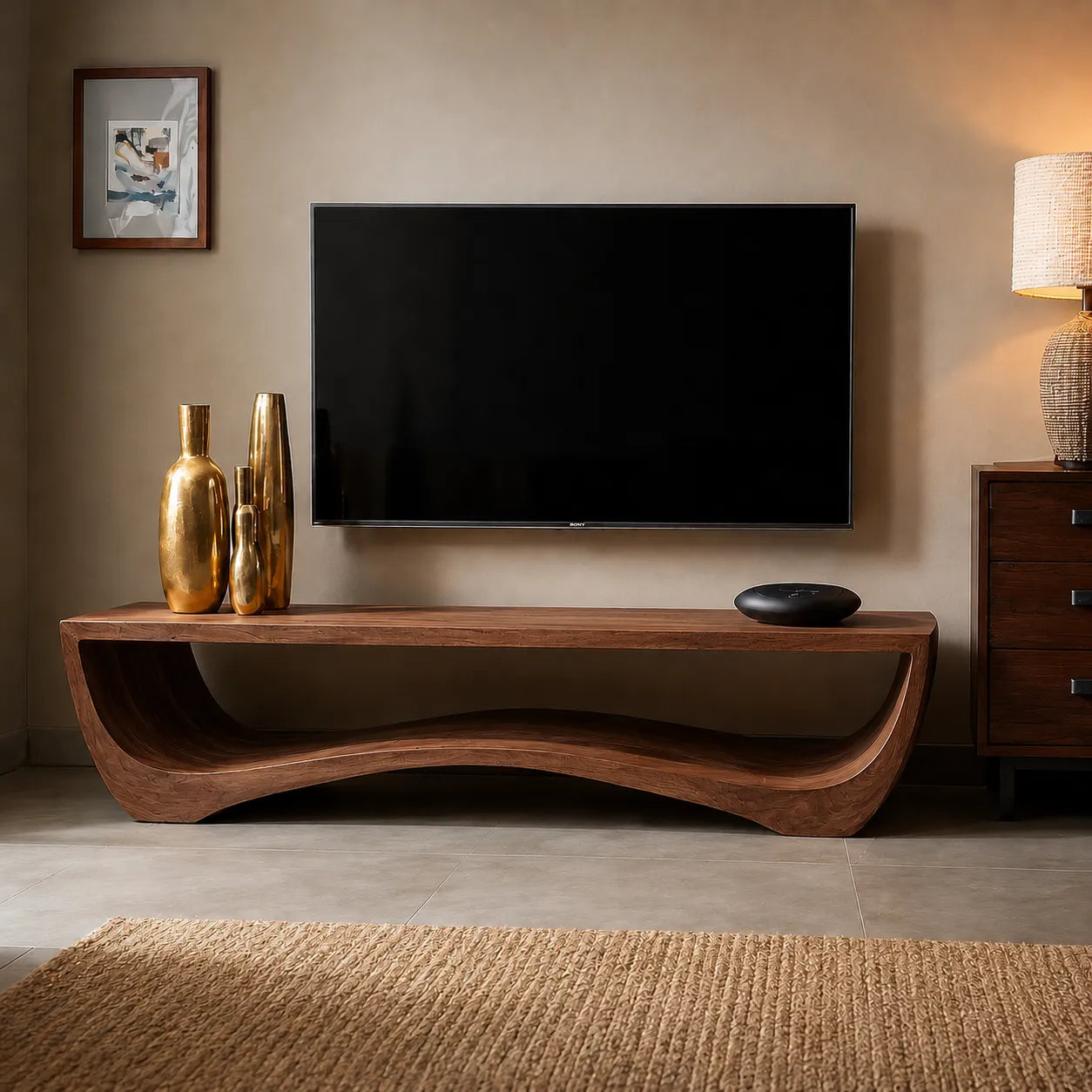 Sculptural Natural Solid Wood Wave TV Stand for Modern Living Rooms