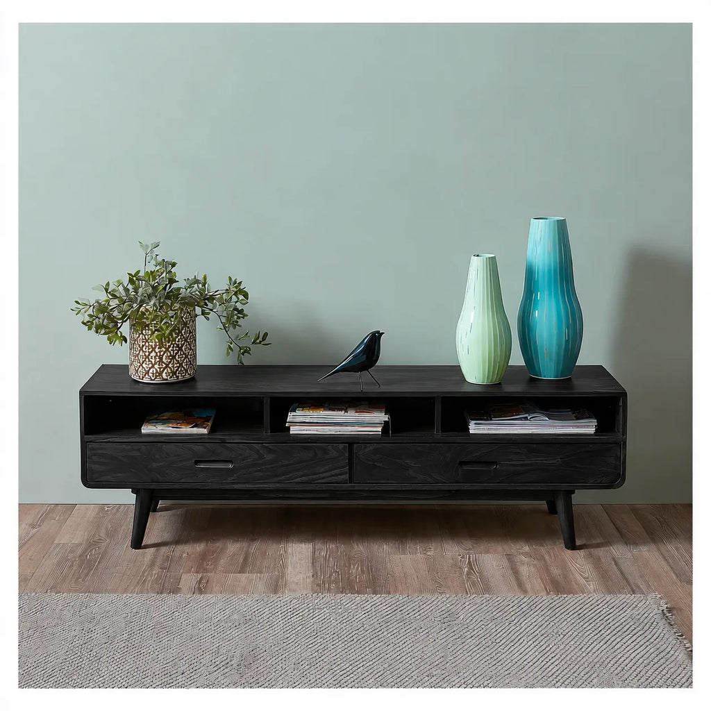 Mid Century Natural Solid Wood TV Stand with Open Shelf Storage