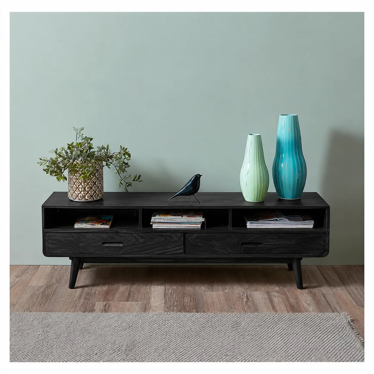 Mid Century Natural Solid Wood TV Stand with Open Shelf Storage