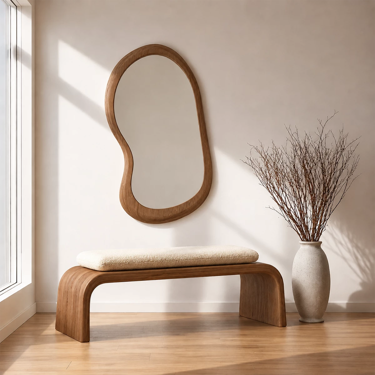 Upholstered Curved Wood Bench – Modern Entryway Bench with Natural Wood Frame