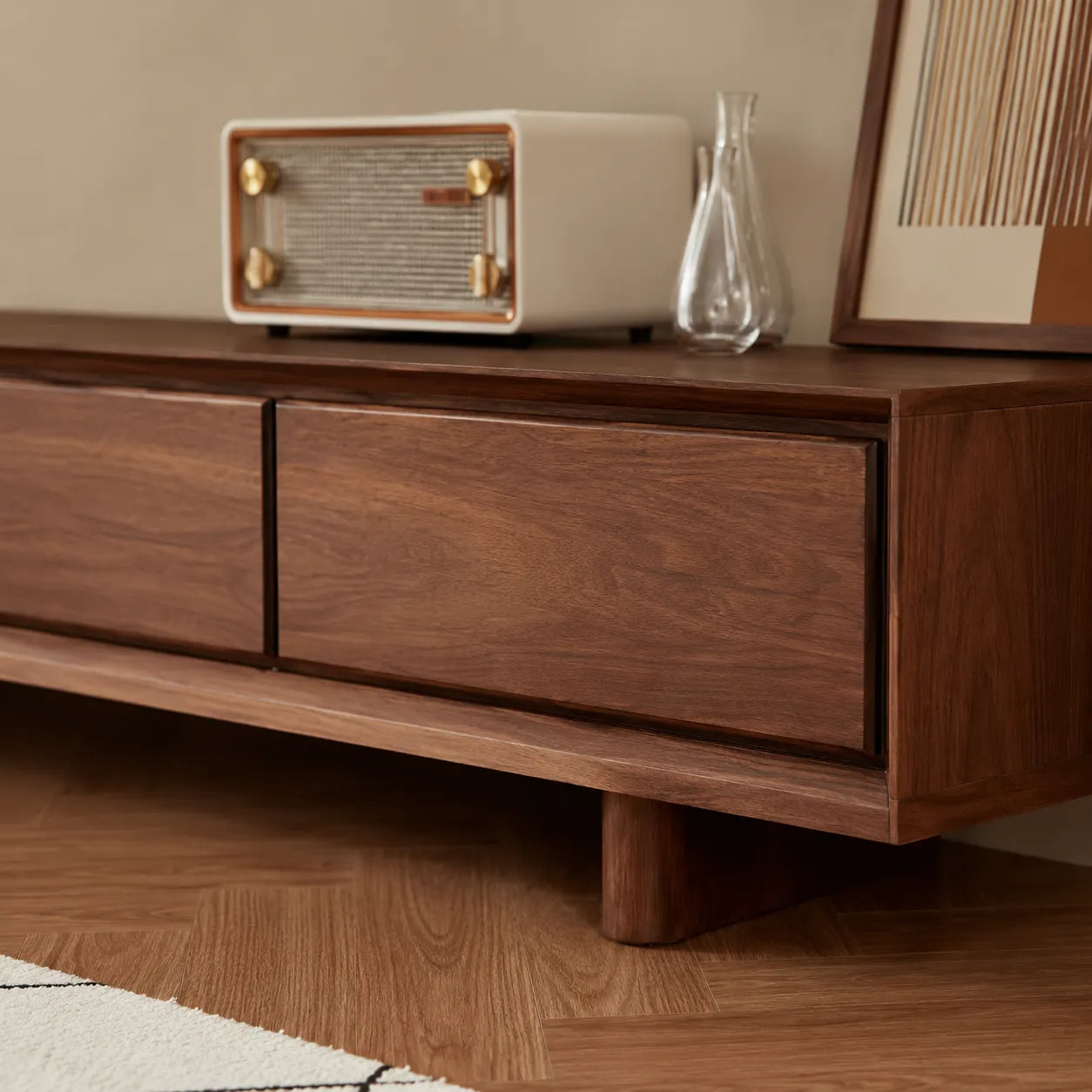 Modern Natural Solid Wood TV Stand with Four Drawer Storage Design