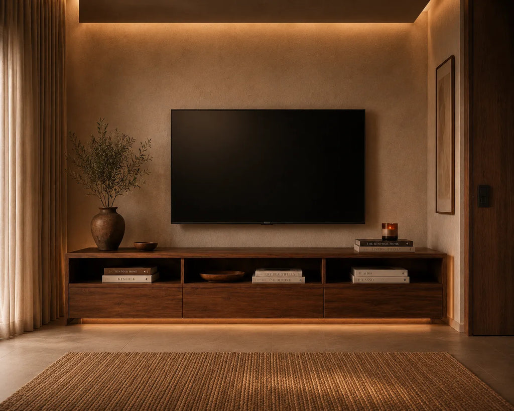 Minimalist Natural Solid Wood TV Stand with Open Shelf Storage