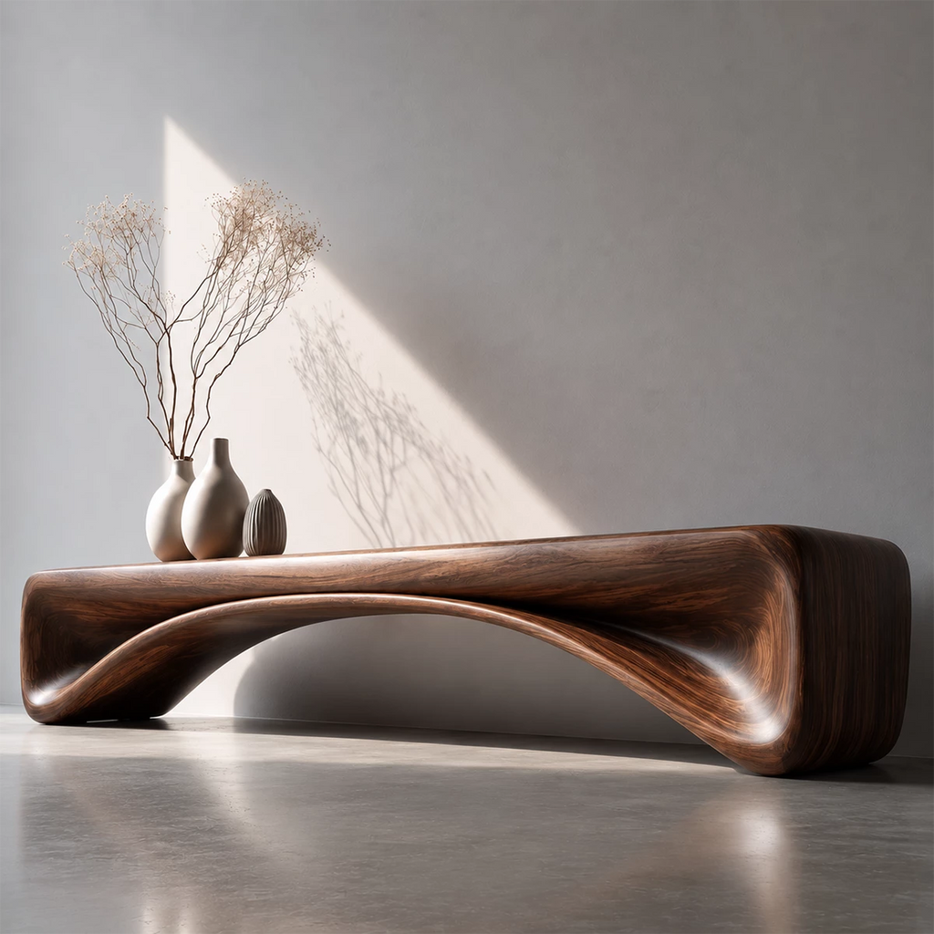Organic Curved Wood Console Bench – Natural Wood Entryway Table for Modern Interior