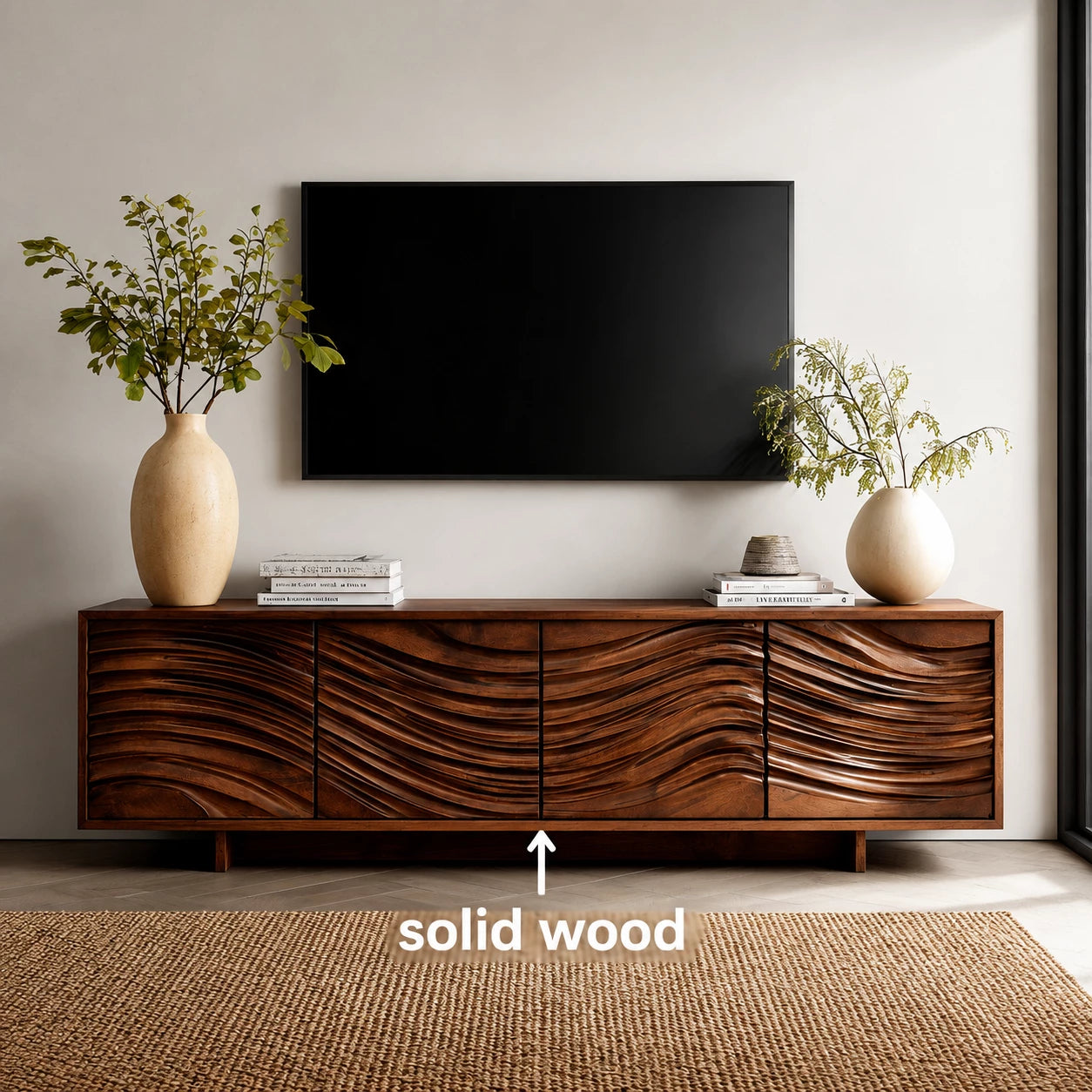 Artisan Wave Natural Solid Wood TV Stand with Sculpted Storage Doors