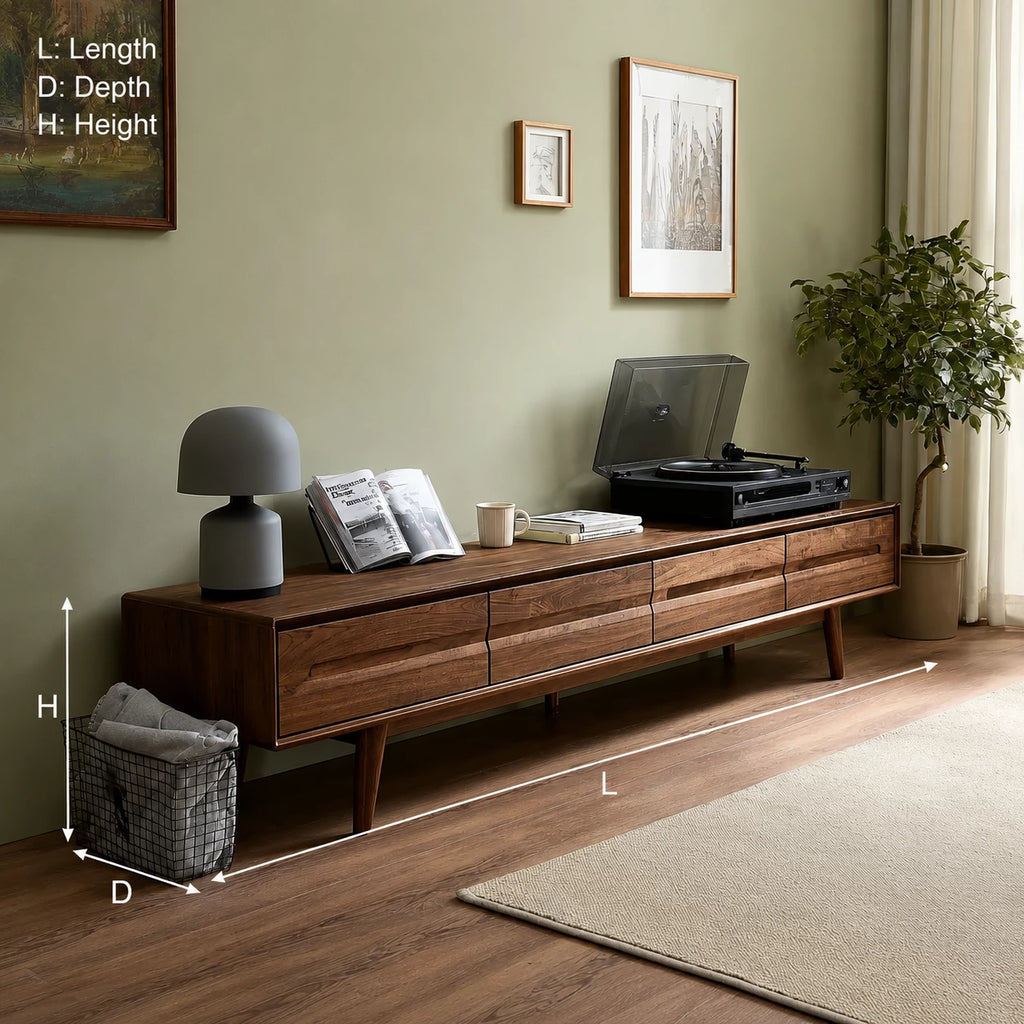 Low Profile Natural Solid Wood TV Stand with Tapered Legs and Drawers