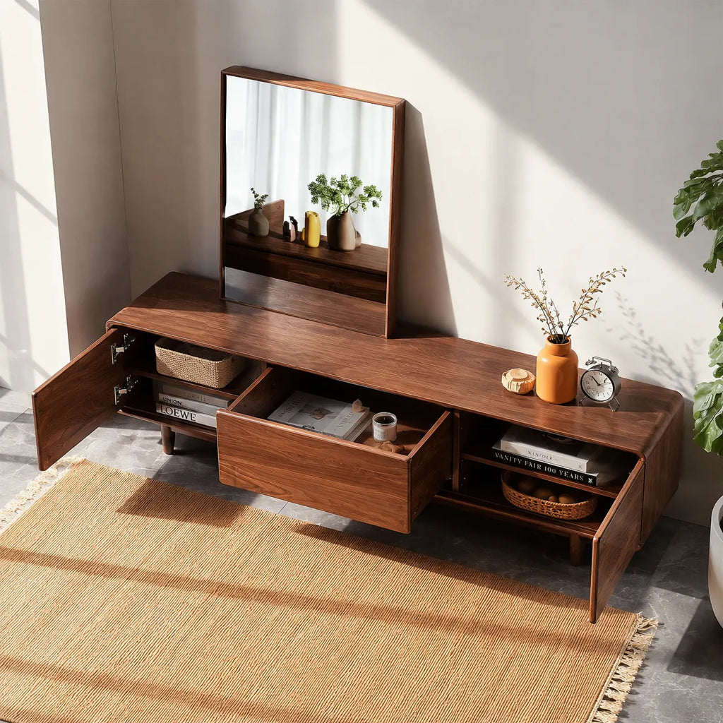 Contemporary Natural Solid Wood TV Stand with Concealed Storage