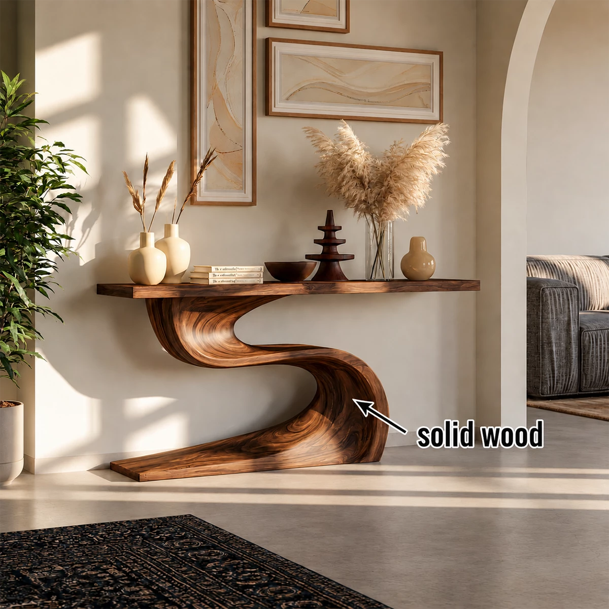 Natural Solid Wood Console Table Flowing Wave Wabi Sabi Style