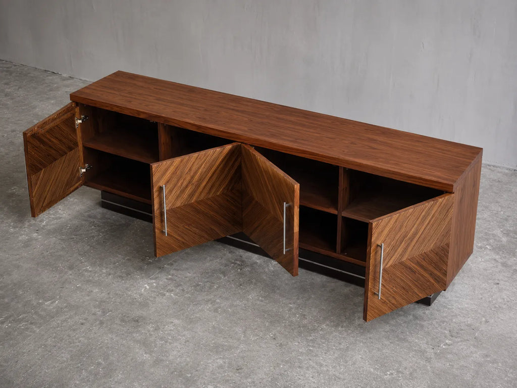 Geometric Natural Solid Wood TV Stand with Chevron Door Design