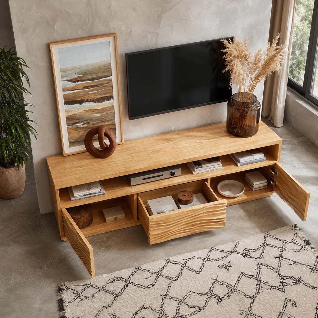 Wave Front TV Stand with Sculpted Storage and Open Display Shelf