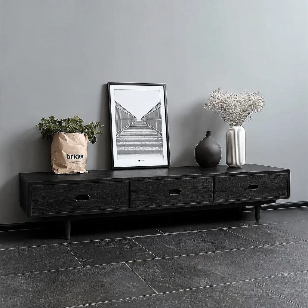 Scandinavian Natural Solid Wood TV Stand with Three Drawer Storage