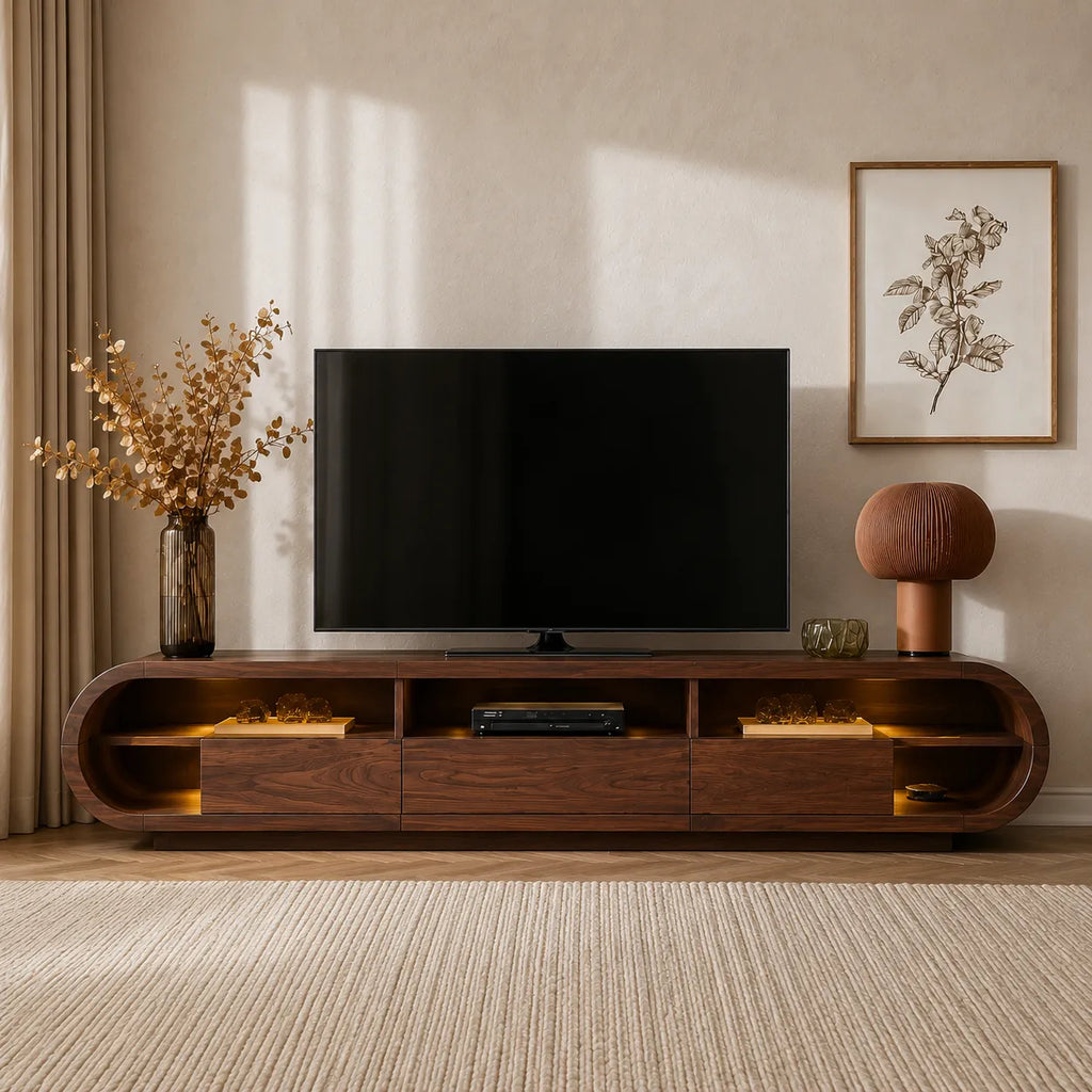 Rounded Edge TV Stand with Open Shelving and Drawer Storage Console