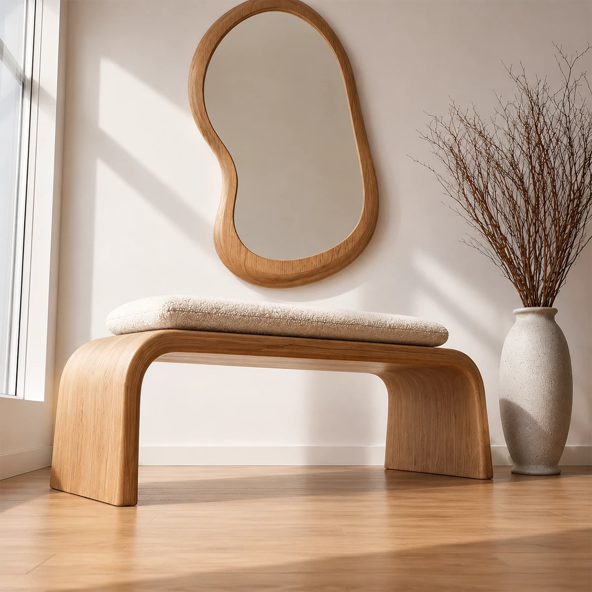 Upholstered Curved Wood Bench – Modern Entryway Bench with Natural Wood Frame