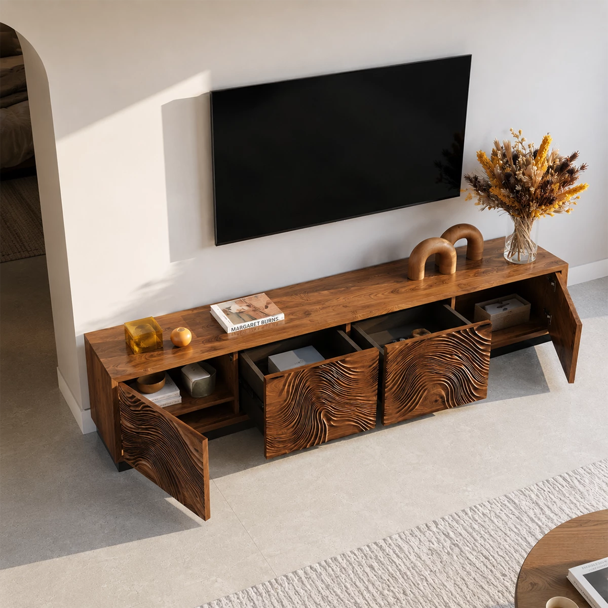 Natural Solid Wood TV Stand  Sculptural Wave Modern Style