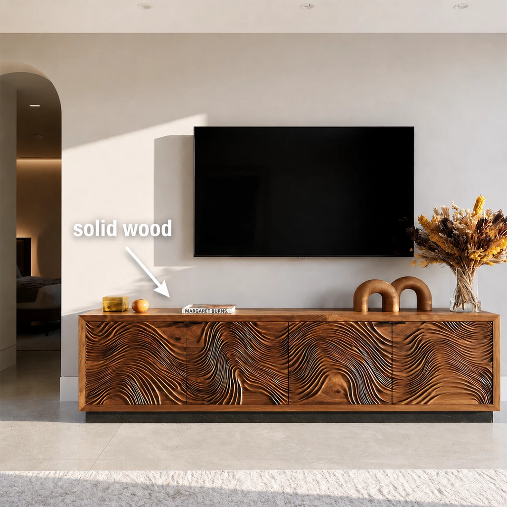 Natural Solid Wood TV Stand  Sculptural Wave Modern Style