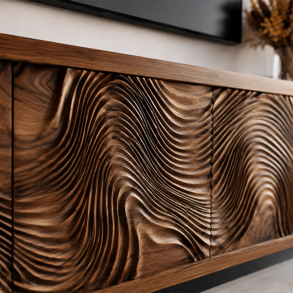 Natural Solid Wood TV Stand  Sculptural Wave Modern Style