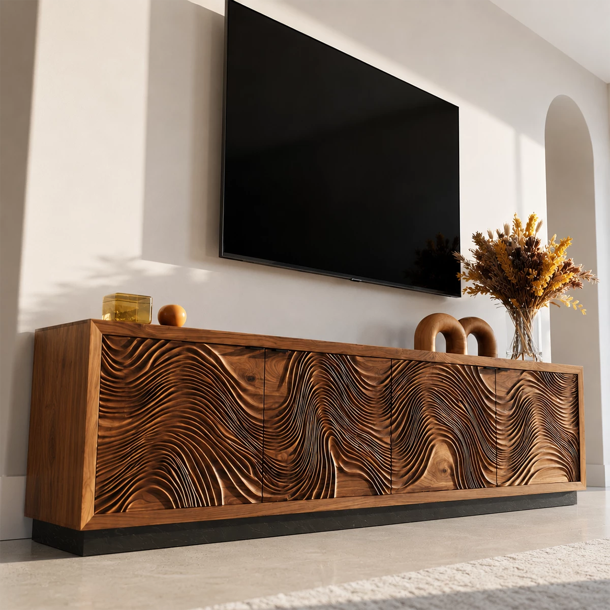 Natural Solid Wood TV Stand  Sculptural Wave Modern Style