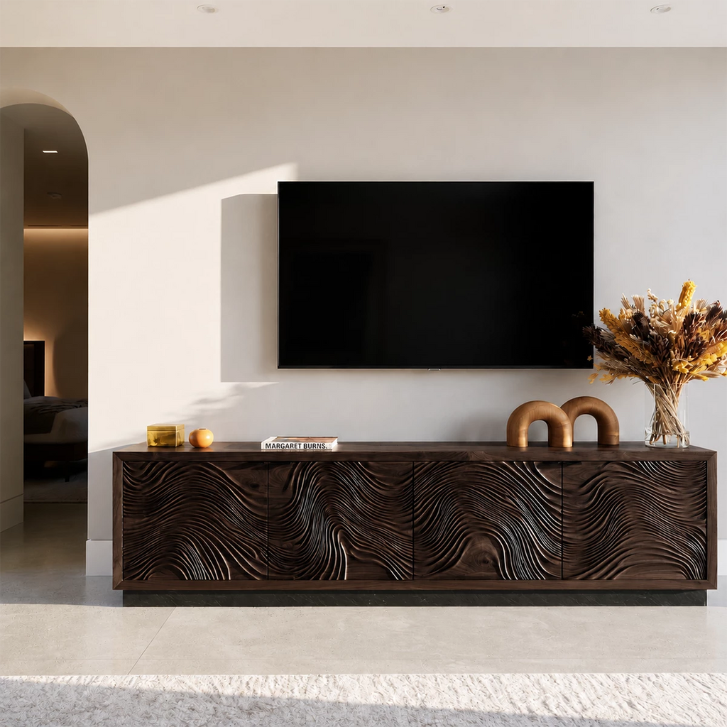 Natural Solid Wood TV Stand  Sculptural Wave Modern Style