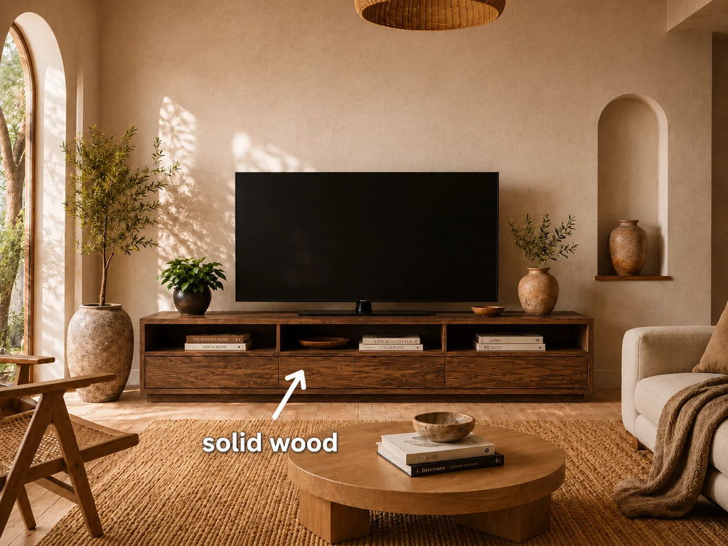 Minimalist Natural Solid Wood TV Stand with Open Shelf Storage