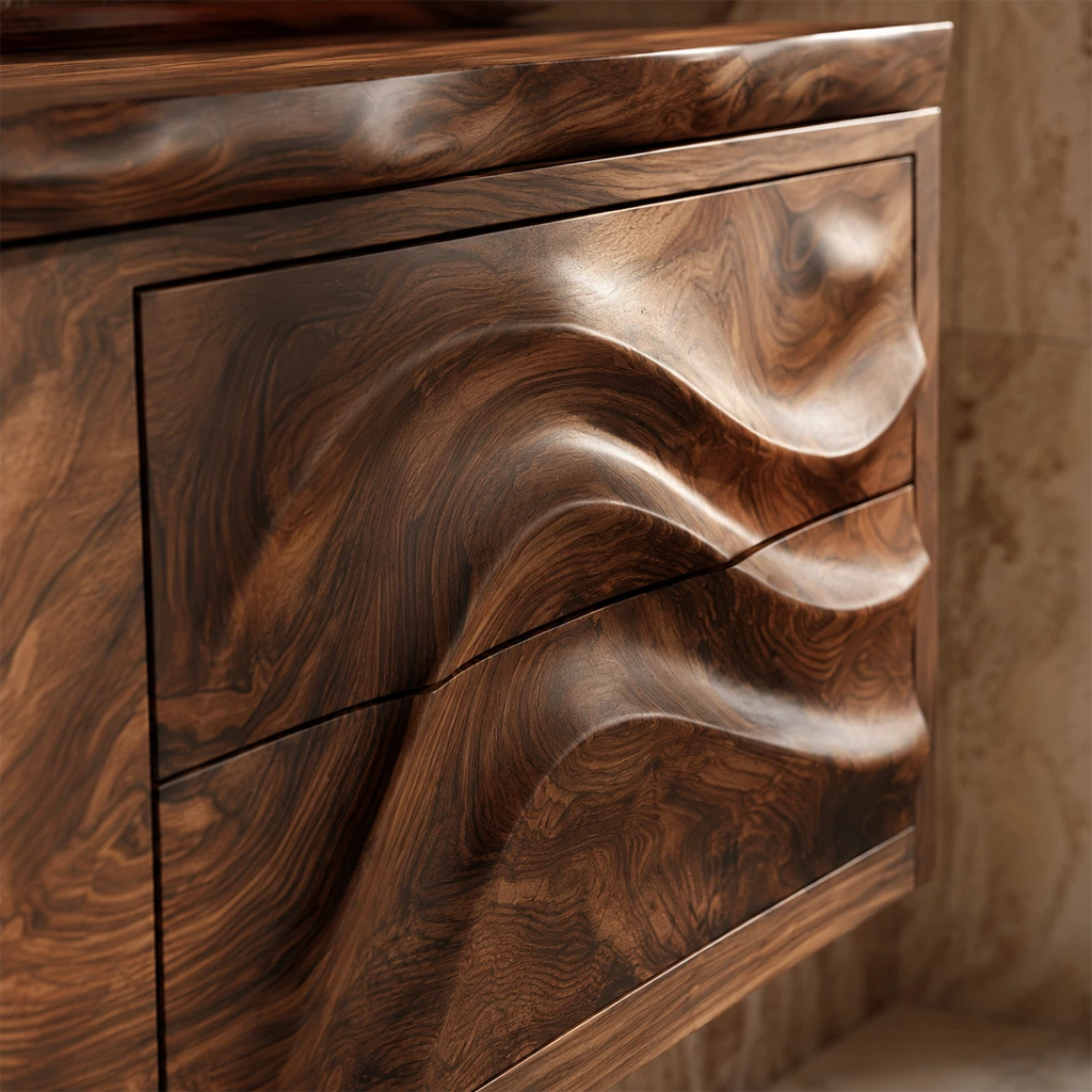 Natural Solid Wood Floating Bathroom Vanity with Wave Carved Drawers
