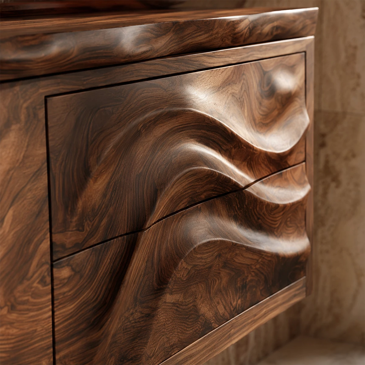 Natural Solid Wood Floating Bathroom Vanity with Wave Carved Drawers