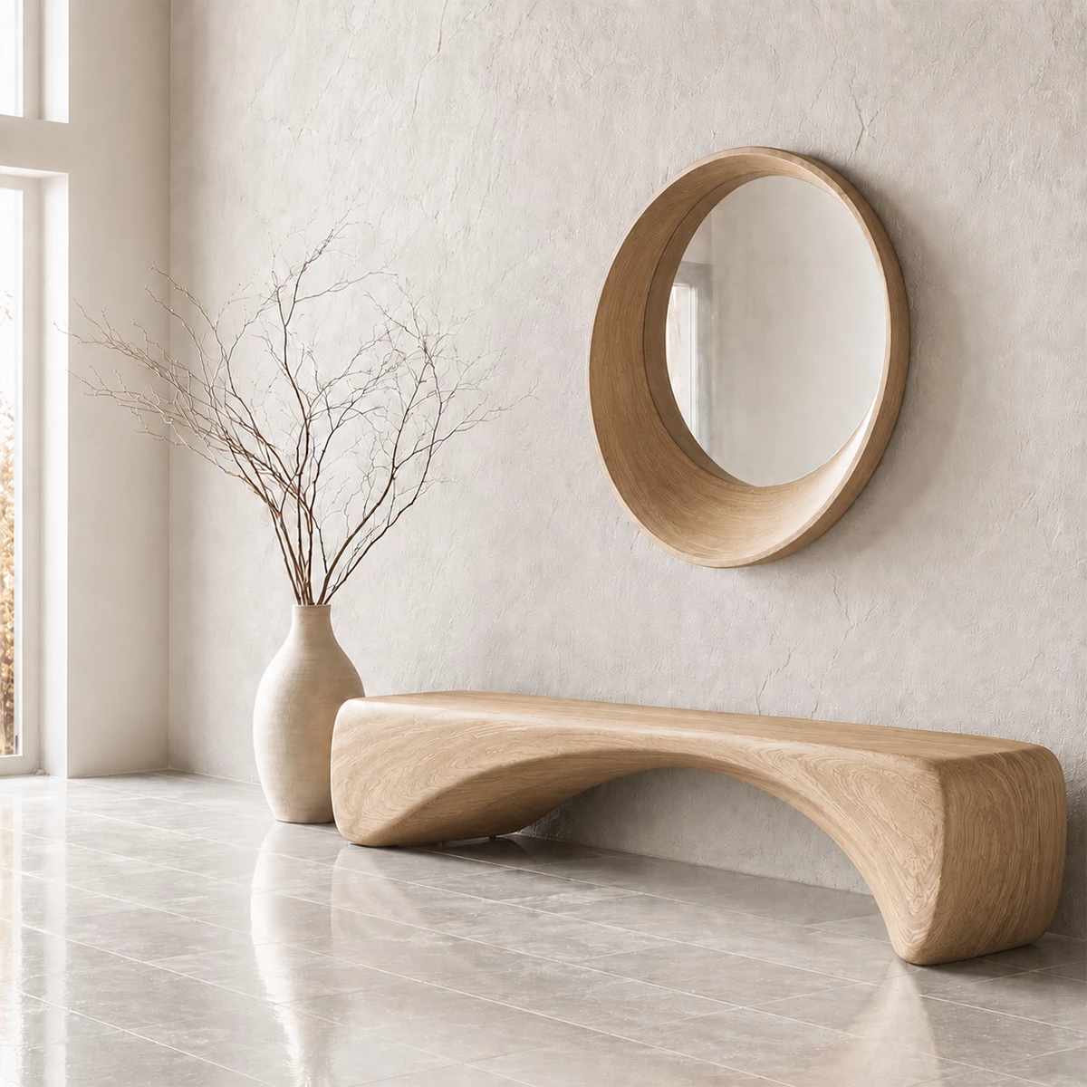 Organic Curved Wood Bench – Natural Wood Entryway Bench for Modern Interior