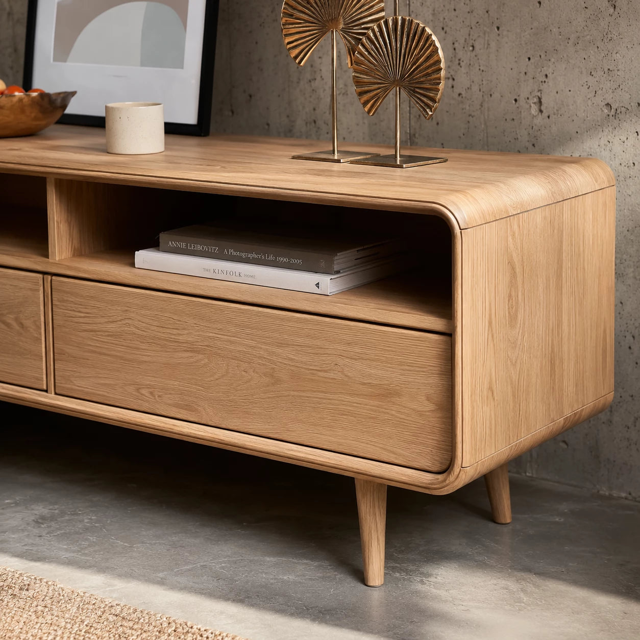 Scandinavian Natural Solid Wood TV Stand with Open Shelf Storage