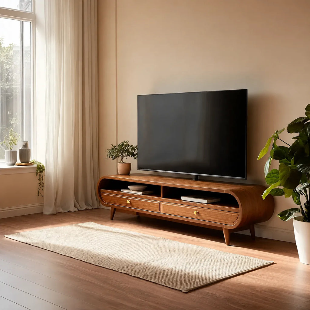 Retro Natural Solid Wood TV Stand with Rounded Edge Media Storage