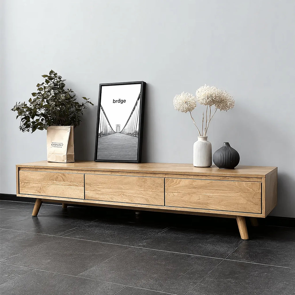 Minimalist Natural Solid Wood TV Stand with Six Drawer Storage Design