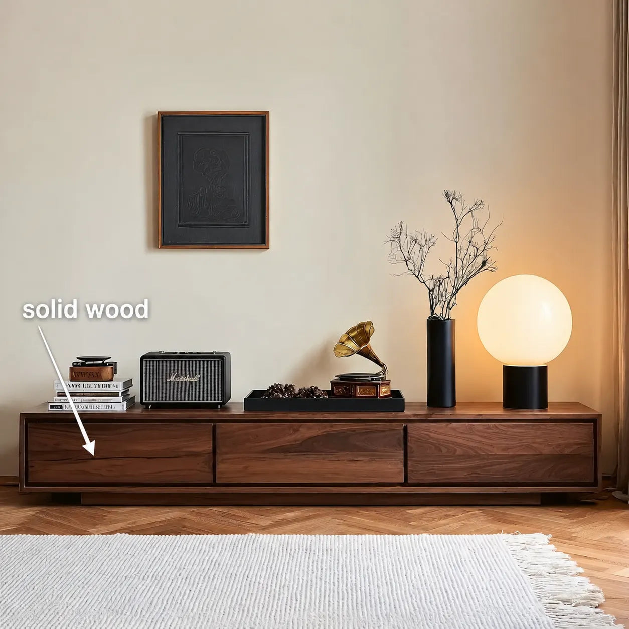 Contemporary Low Profile TV Stand with Seamless Storage Panels