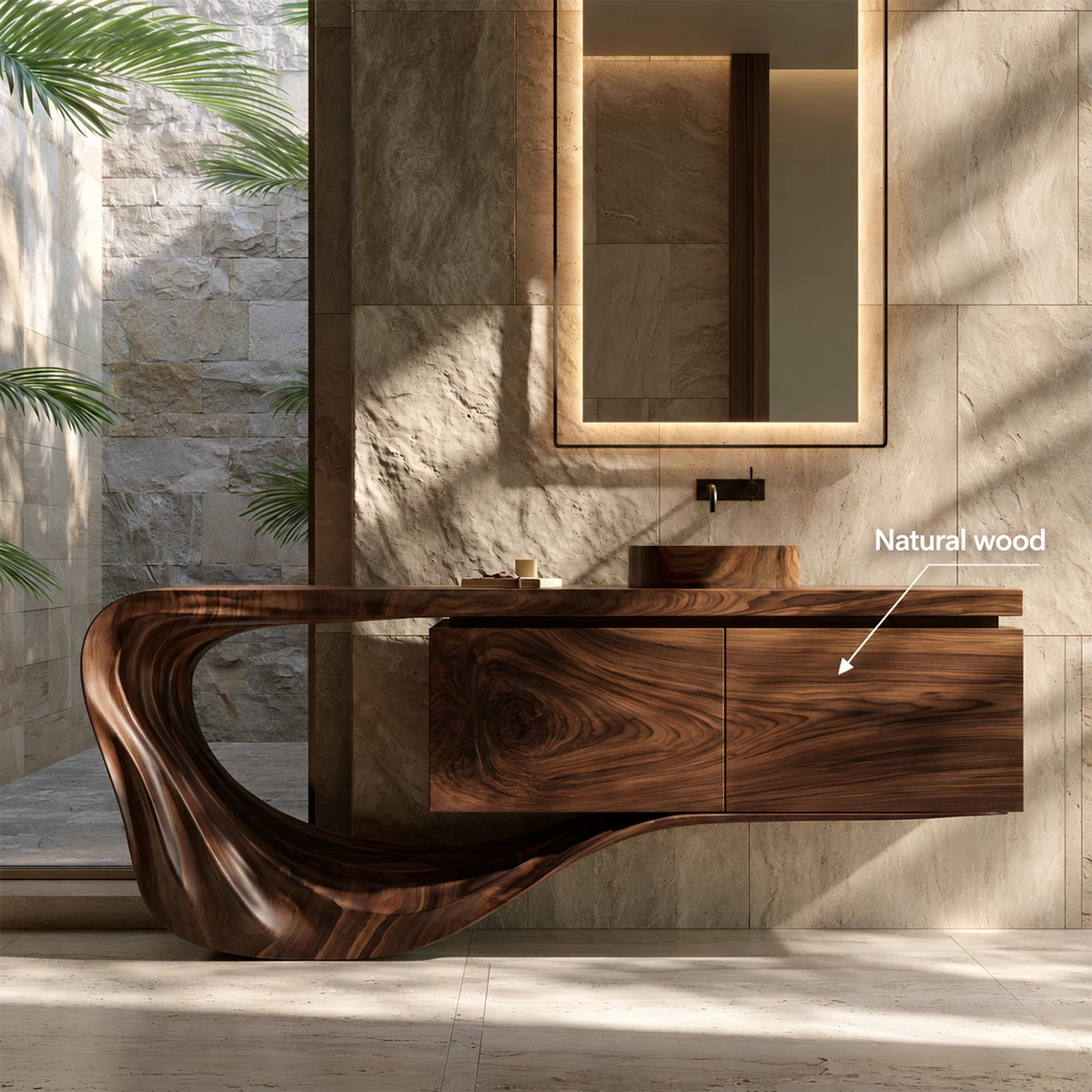 Natural Solid Wood Floating Bathroom Vanity with Sculptural Loop Base