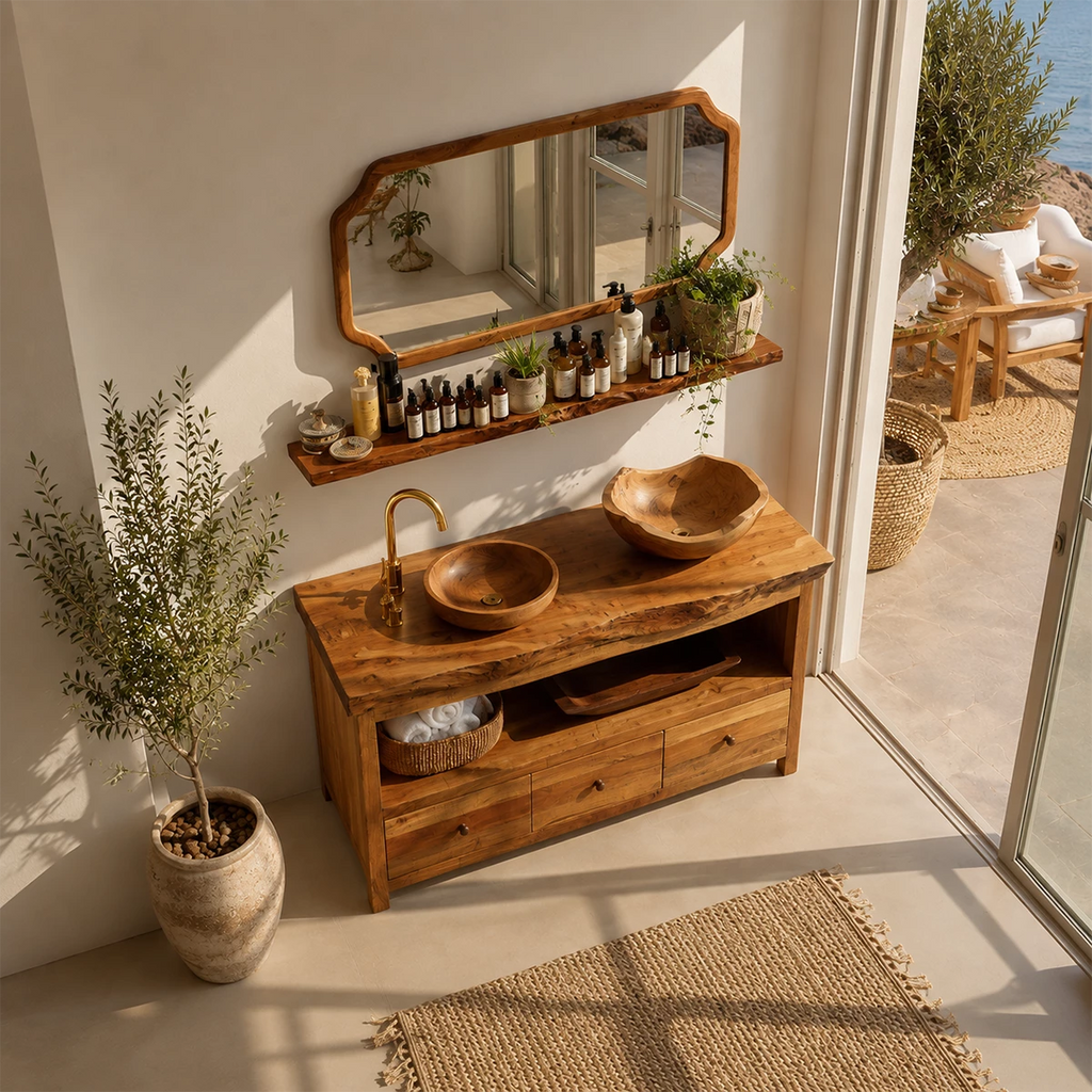 Natural Wood Bathroom Vanity With Double Vessel Sinks & Open Storage