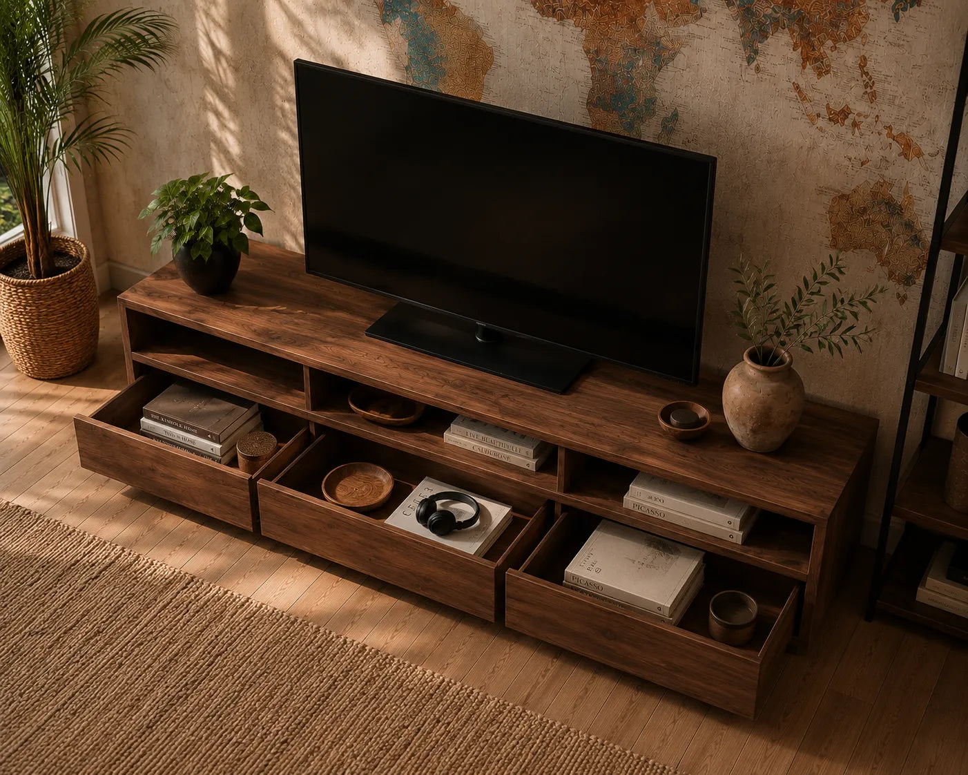 Minimalist Natural Solid Wood TV Stand with Open Shelf Storage
