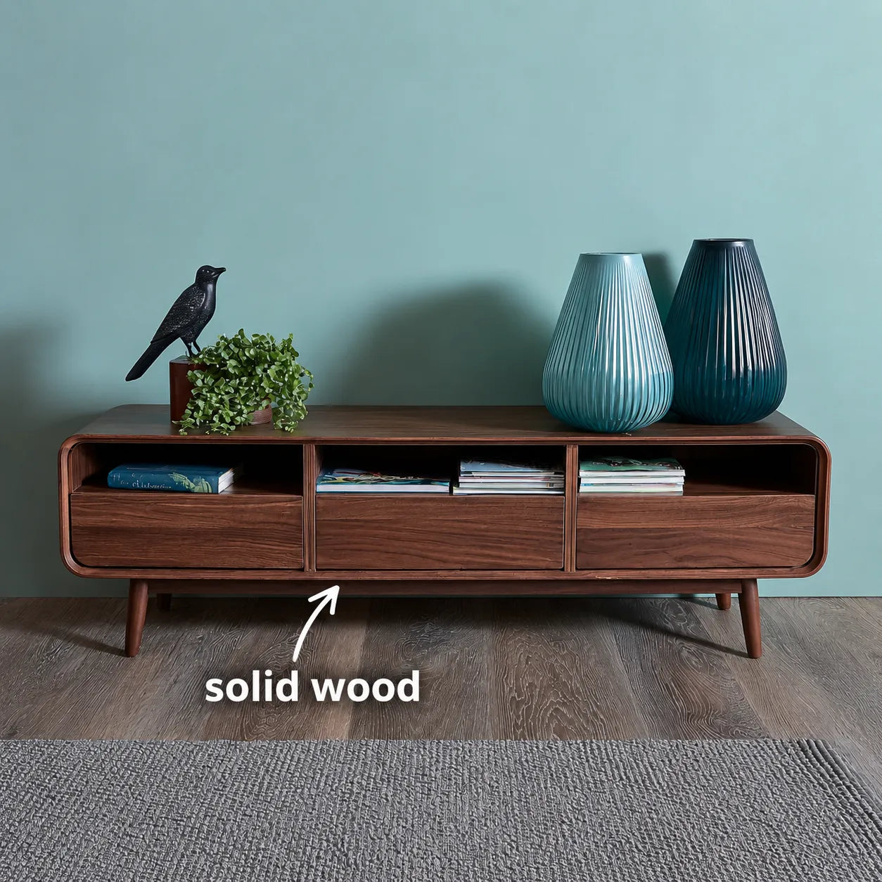Mid Century Natural Solid Wood TV Stand with Rounded Frame Design