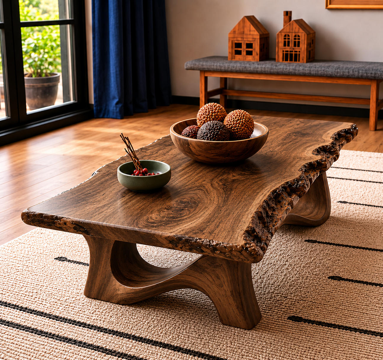 Live Edge Natural Solid Wood Coffee Table with Sculptural Base