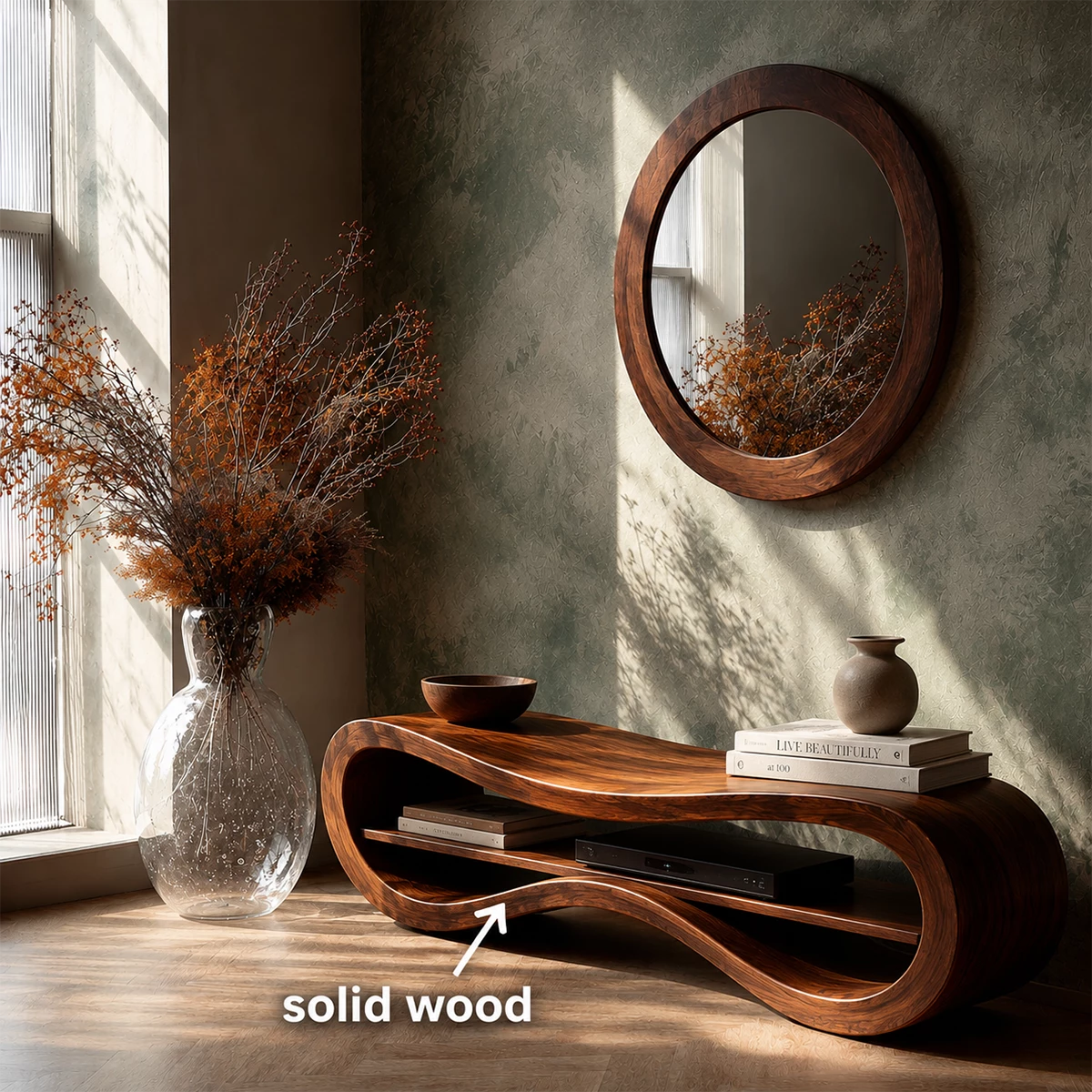 Sculptural Wave Wood Bench – Organic Natural Wood Entryway Bench for Modern Interiors