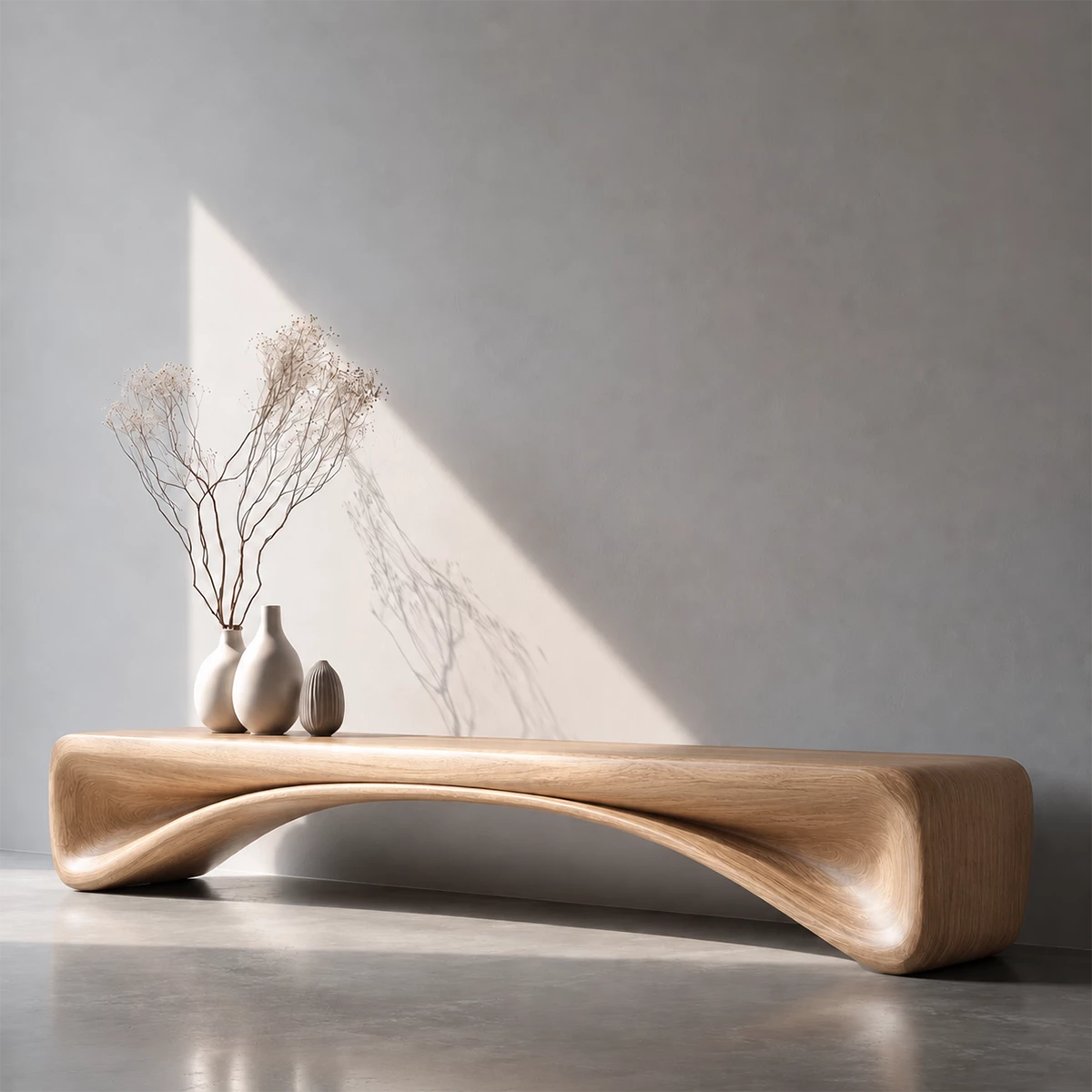 Organic Curved Wood Console Bench – Natural Wood Entryway Table for Modern Interior