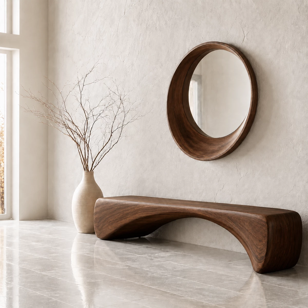 Organic Curved Wood Bench – Natural Wood Entryway Bench for Modern Interior