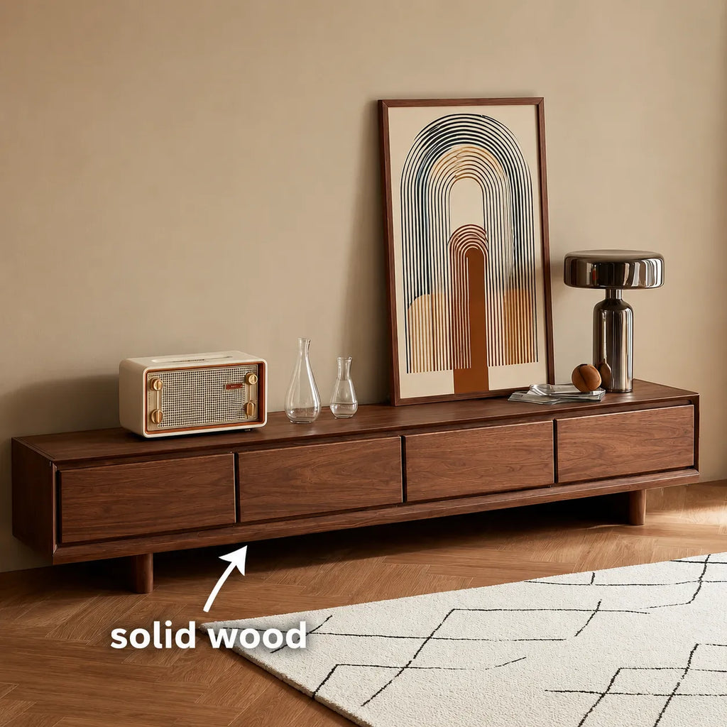 Modern Natural Solid Wood TV Stand with Four Drawer Storage Design