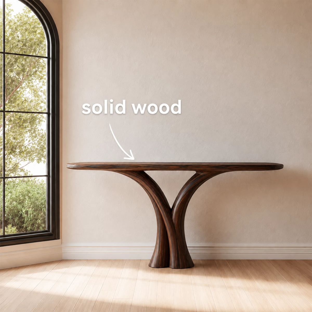Sculptural Twin Arch Console Table in Natural Solid Wood