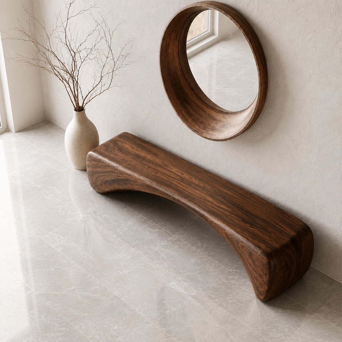 Organic Curved Wood Bench – Natural Wood Entryway Bench for Modern Interior