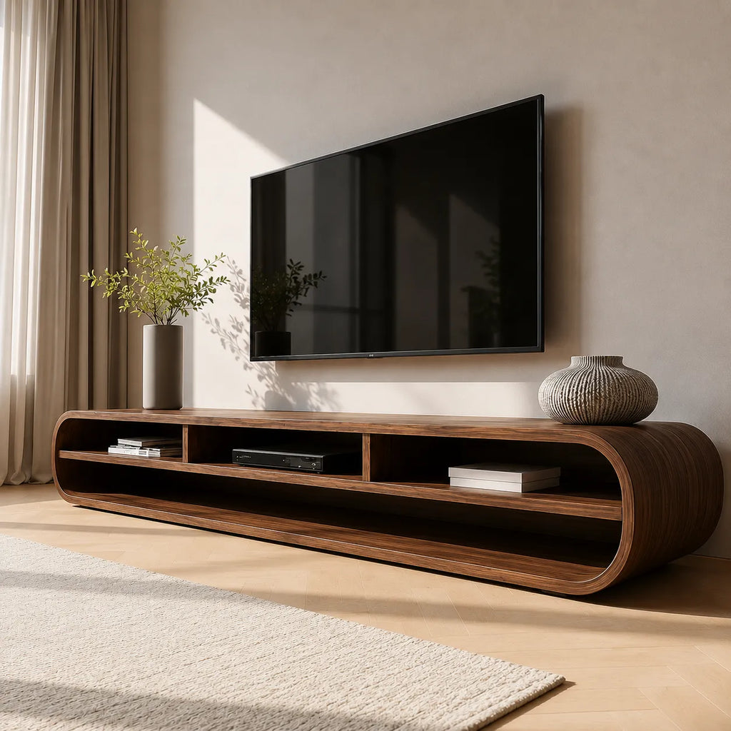 Capsule Natural Solid Wood TV Stand with Long Open Media Shelves