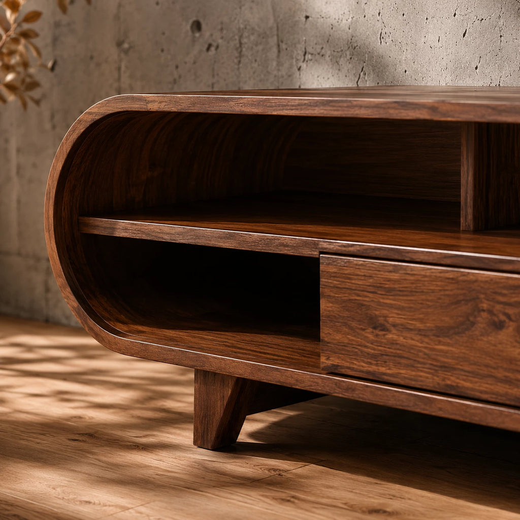 Rounded Edge Natural Solid Wood TV Stand with Open Media Storage