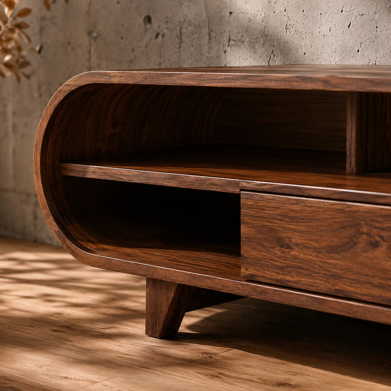 Rounded Edge Natural Solid Wood TV Stand with Open Media Storage